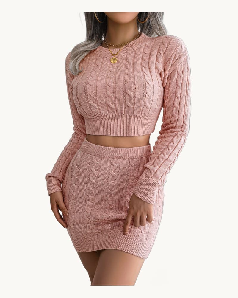 Casual Cable Knit Cropped Sweater Bodycon Dress Set 1