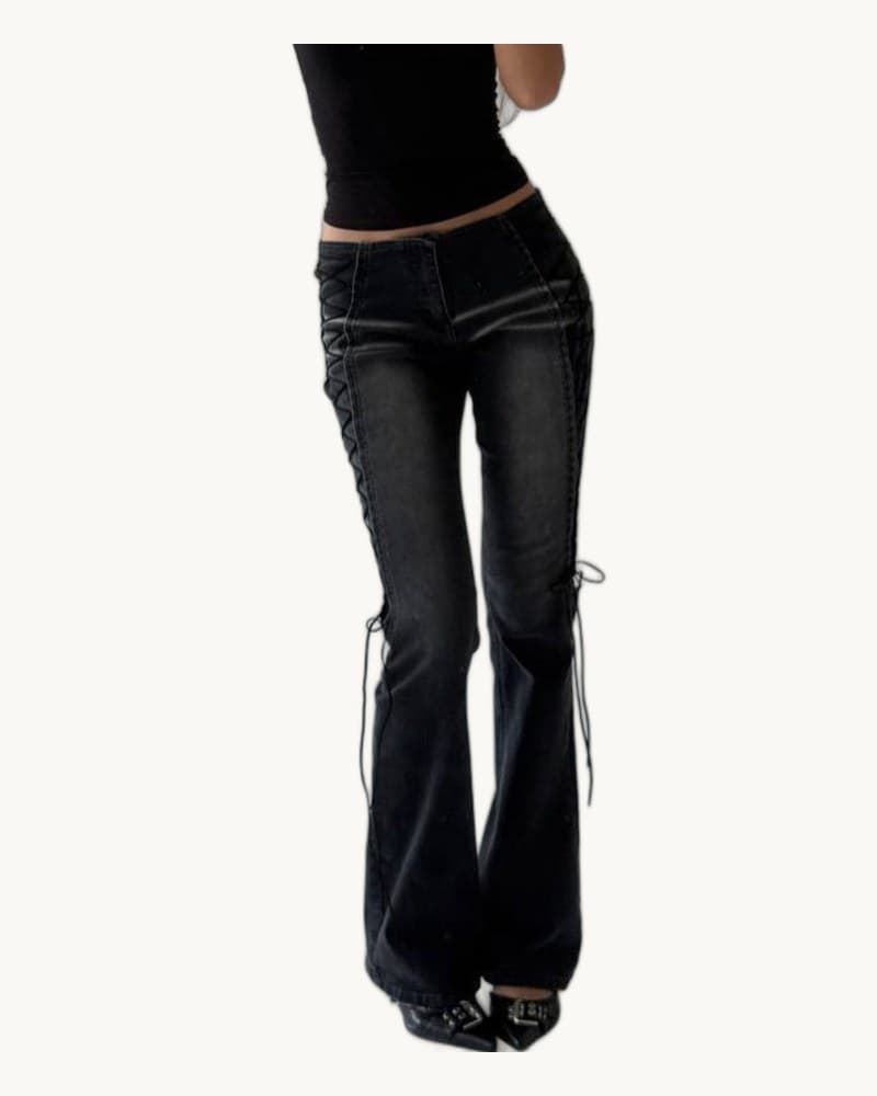 Washed Distressed Side Lace-up Flare Jeans 1