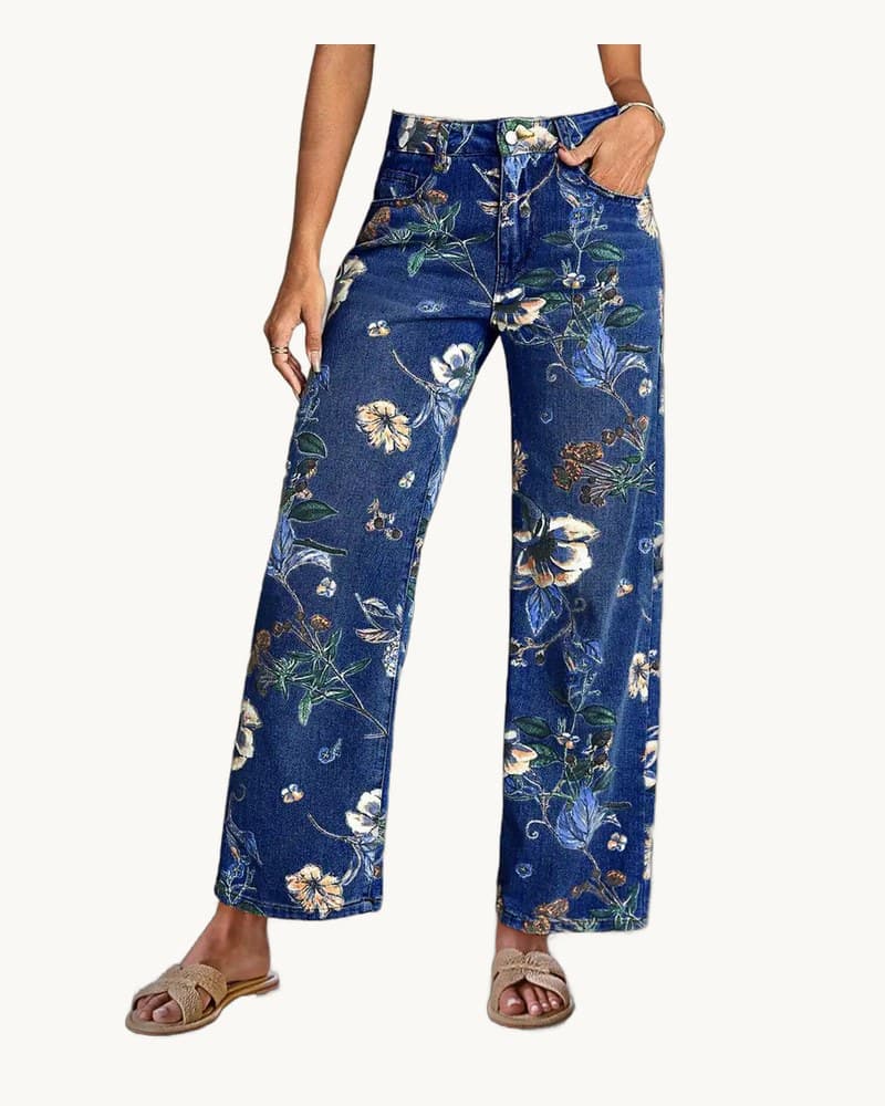 High Waist Straight Leg Jeans Vintage Floral Print Denim 1