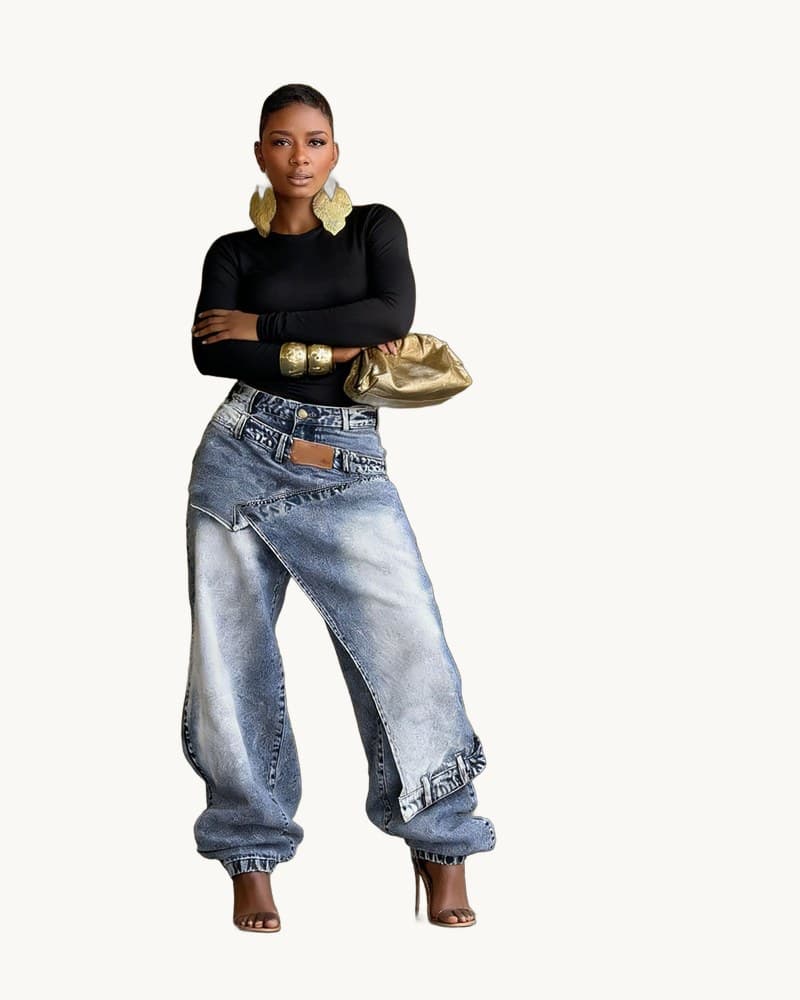 Deconstructed Layered Washed Denim Jeans 1