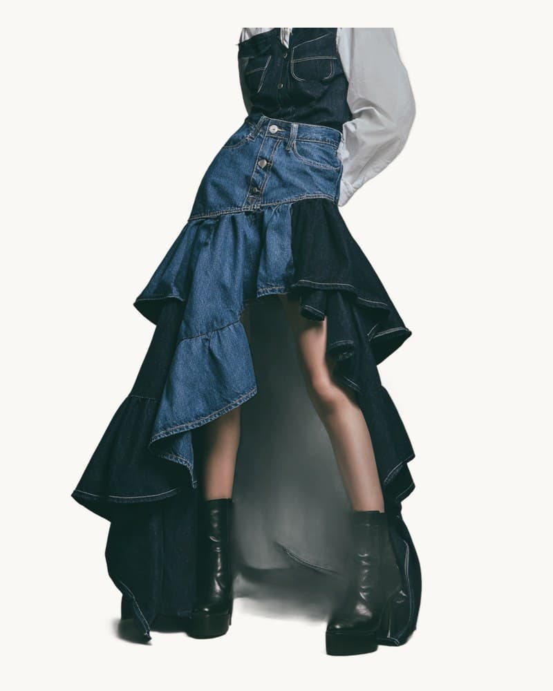 Two-tone Denim High Waist Asymmetric Multi-layer Ruffle 1