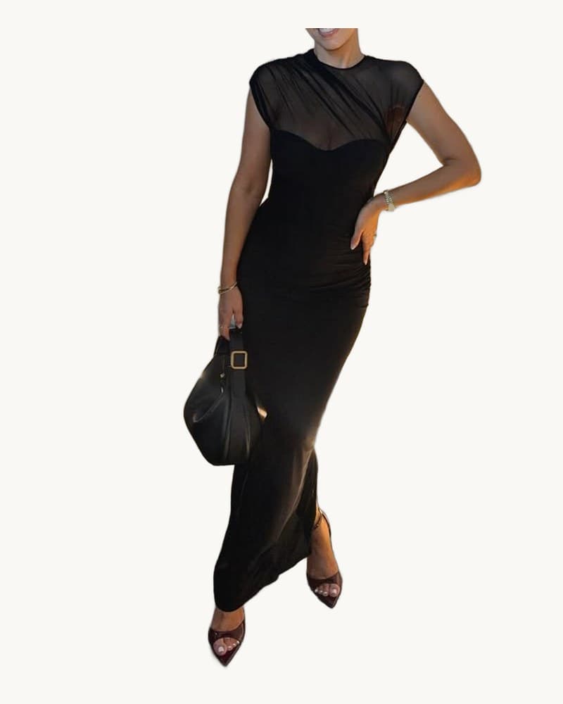 Black Mesh Overlay Bustier Bodycon Maxi Dress 1