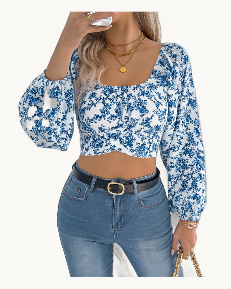 Floral Lantern Sleeve Tie-waist Chiffon Crop Top 1