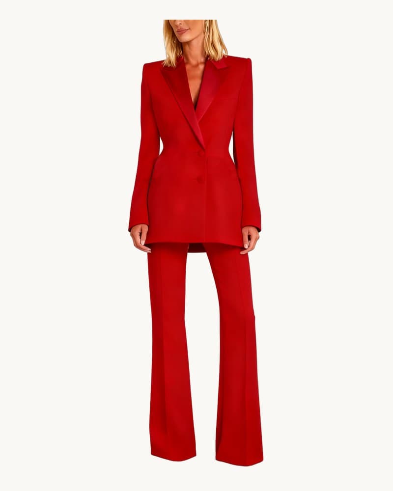 Red Double Breasted Satin Lapel Blazer and Trousers 2-piece 1