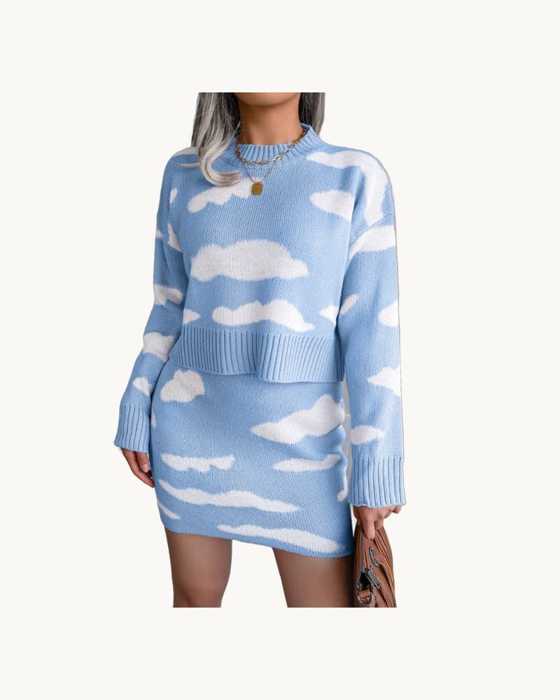 Cloud Pattern Knitted Sweater and Pencil Skirt Set 1