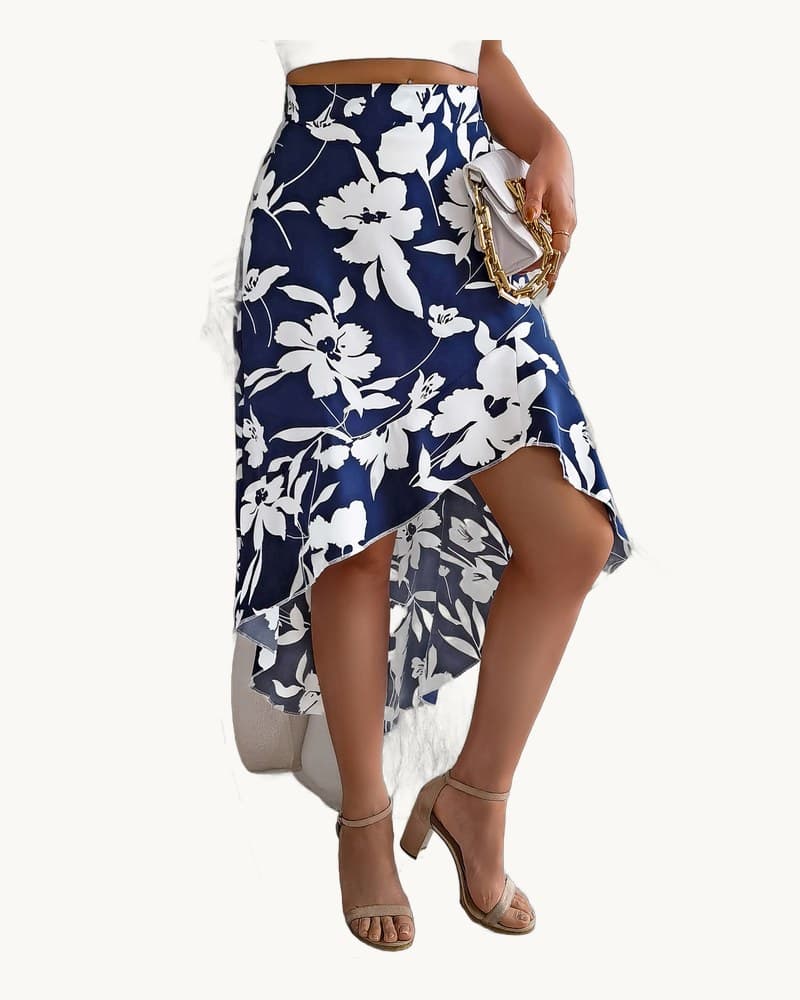 Elegant Floral Print Ruffle Hem Midi Asymmetric Skirt 1