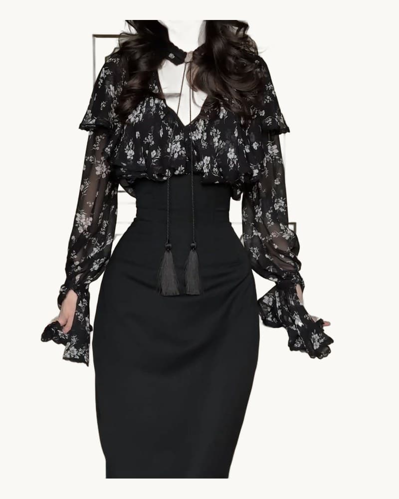 Black Floral Chiffon Overlay & Bodycon Midi Skirt 2-piece 1