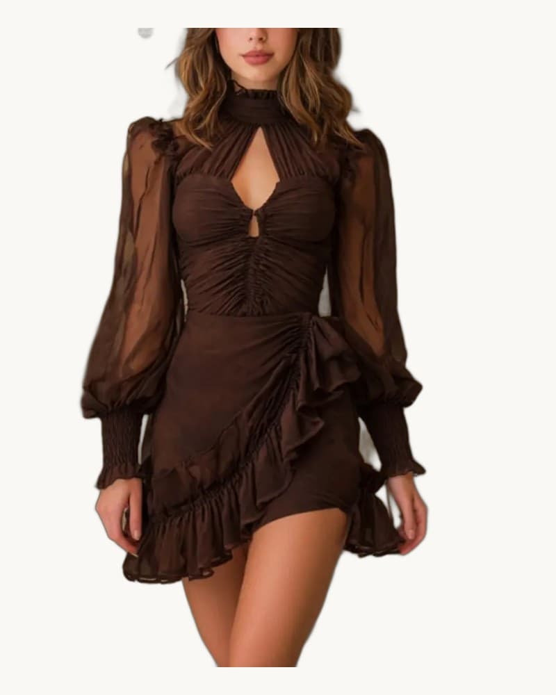 Ruched Chiffon Mini Dress with Lantern Sleeves and Ruffled 1