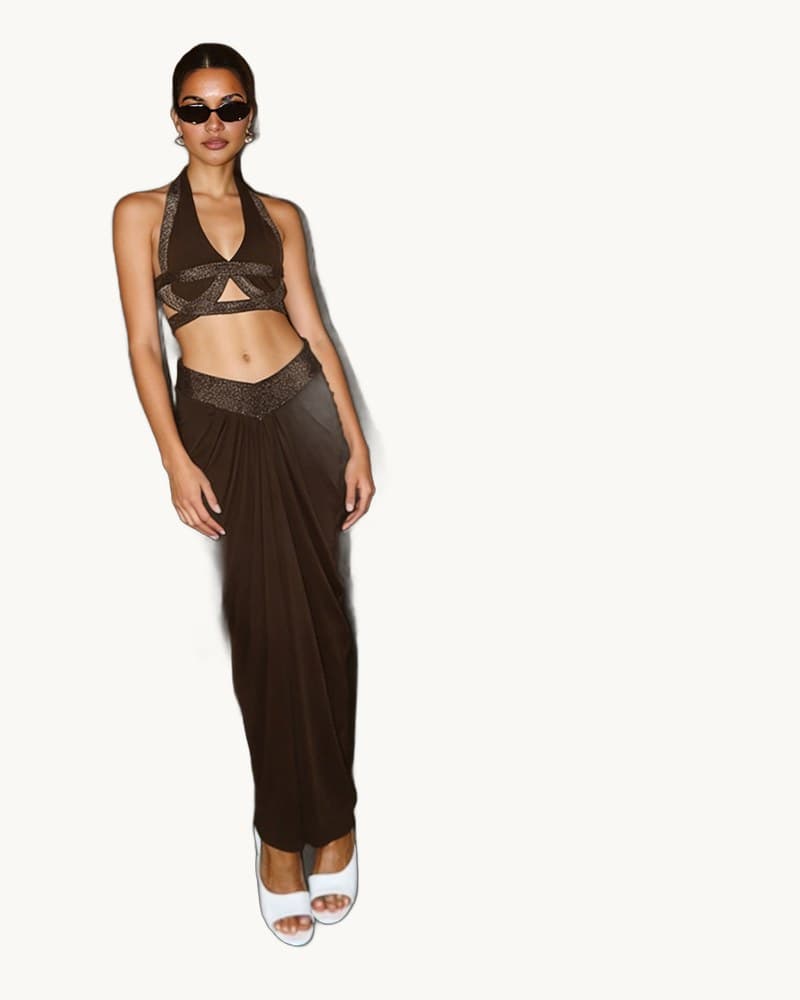 Sexy Cropped Halter Top and Pleated Bodycon Maxi Skirt Set 1