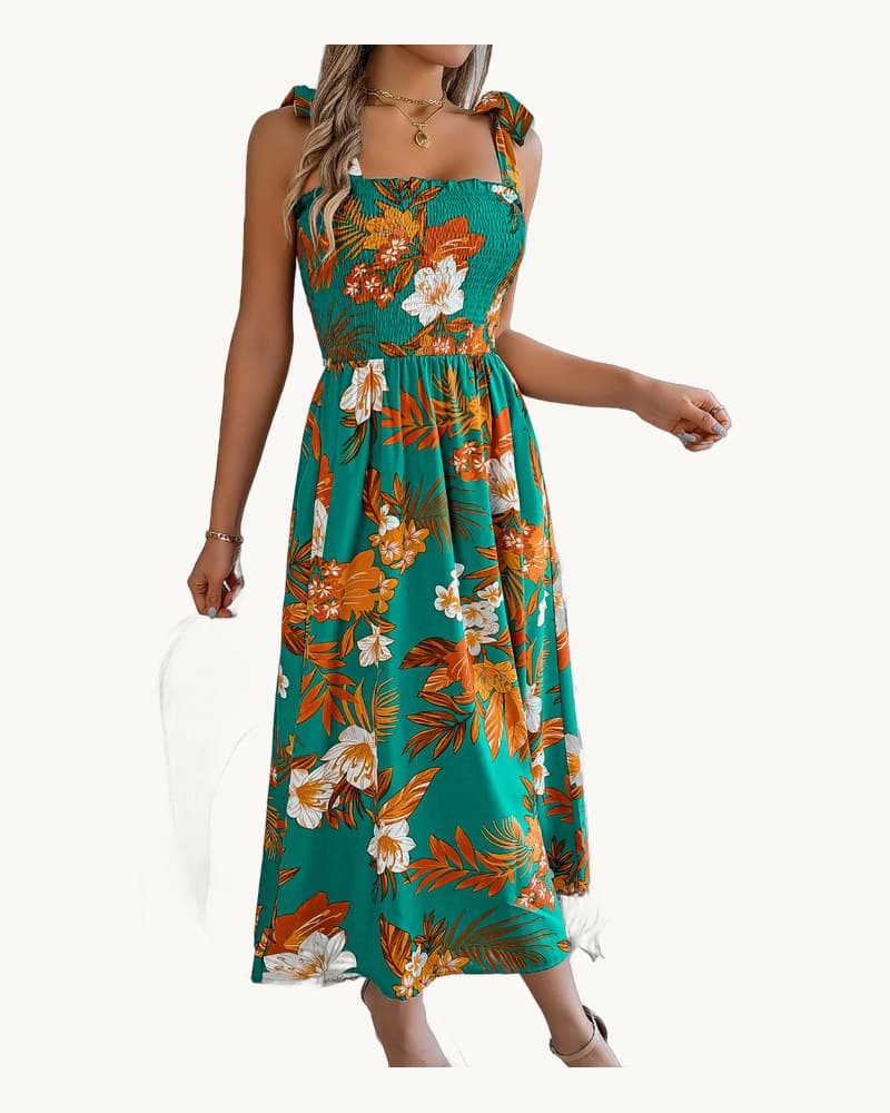 Floral Print Tie Waist Camisole Beach Vacation Maxi Dress 1
