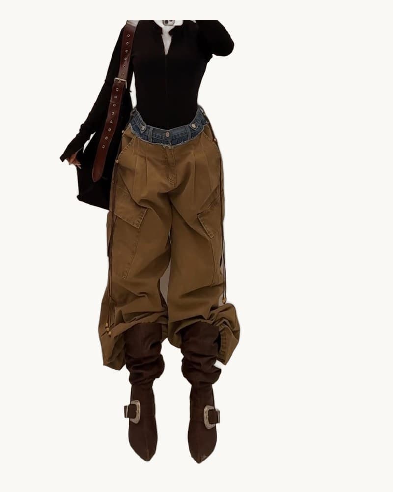 Khaki Denim Panel Drawstring Wide-leg Cargo Pants 1
