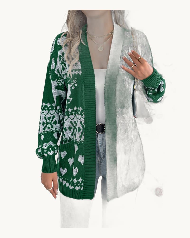 Christmas Deer Pocket Long Sleeve Cardigan Sweater Coat 1