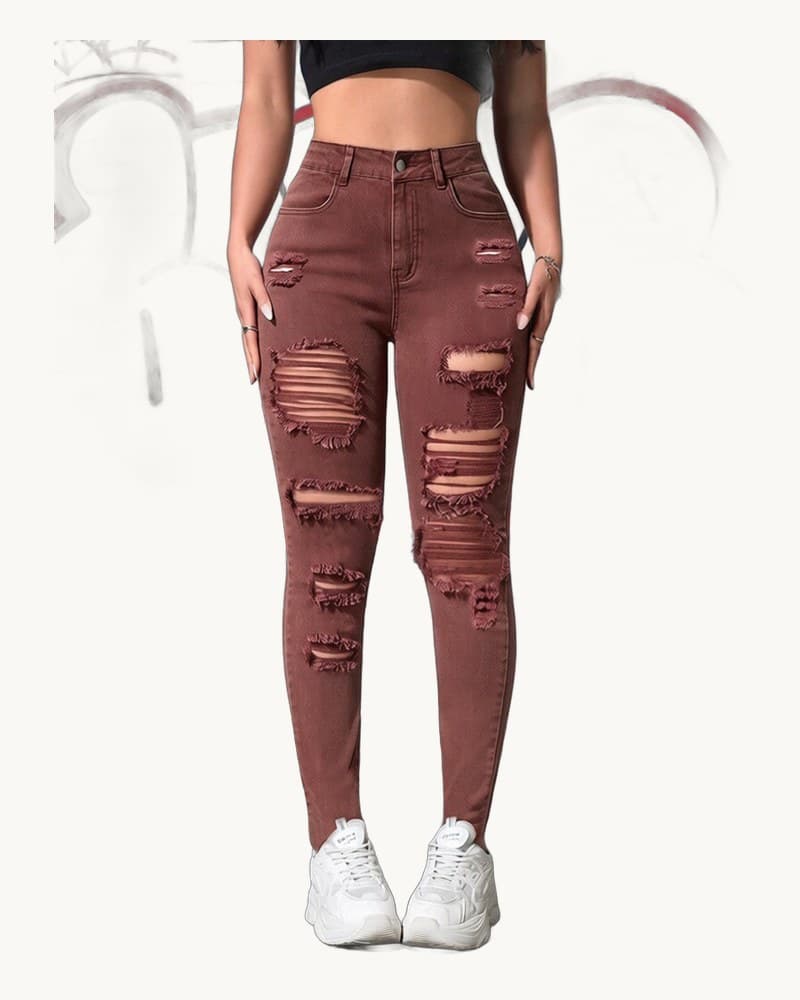High Waist Brown Ripped Skinny Jeans, Stretchy Distressed 1