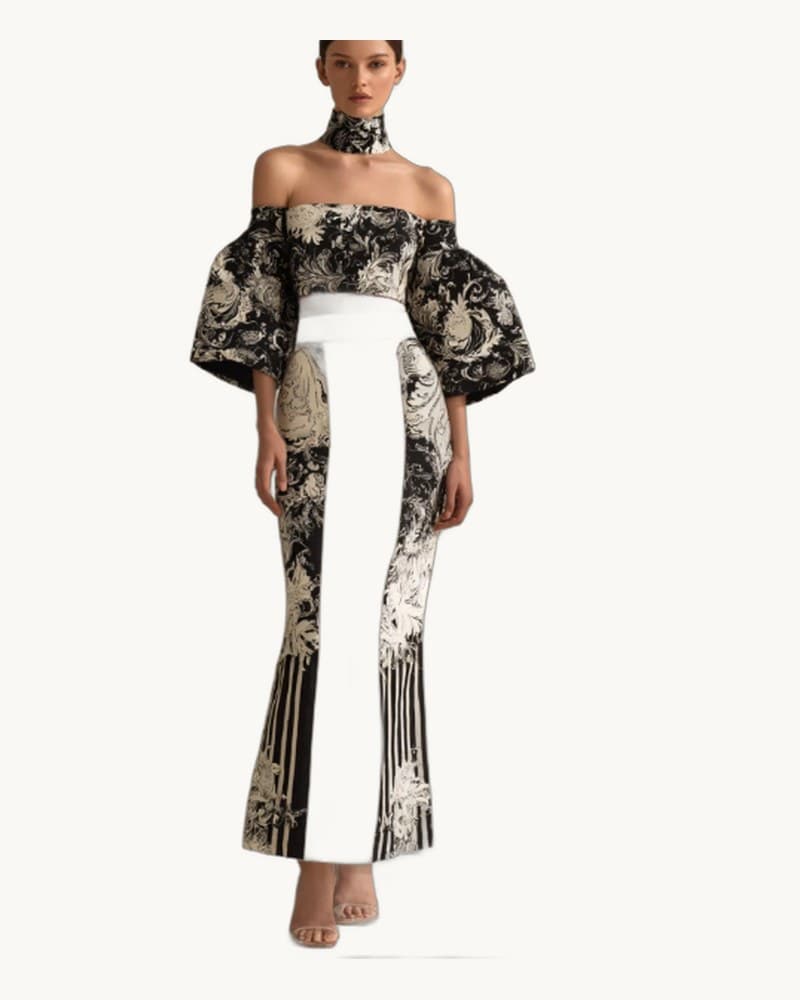 Off-shoulder Baroque Print Crop Top and Skirt Set 1