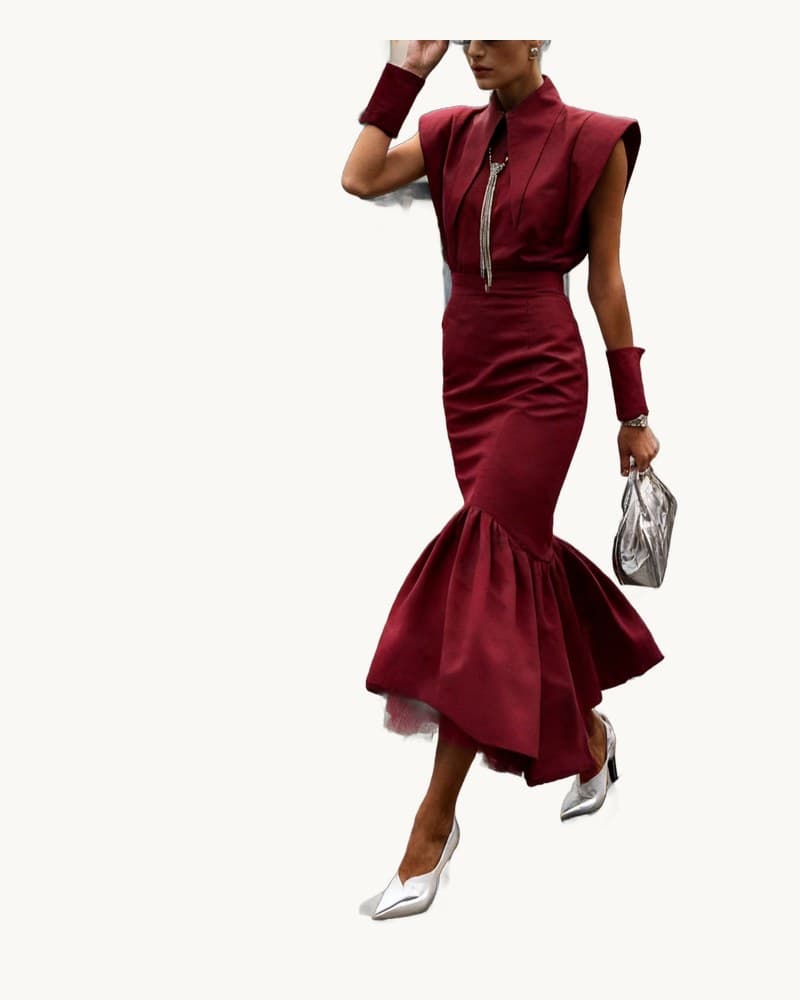 Padded Shoulder Lapel Beaded Top & Mermaid Skirt Set 1