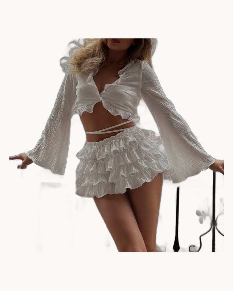 Crop Top with Tie-up Top & High-waisted Tiered Skirt Set 1