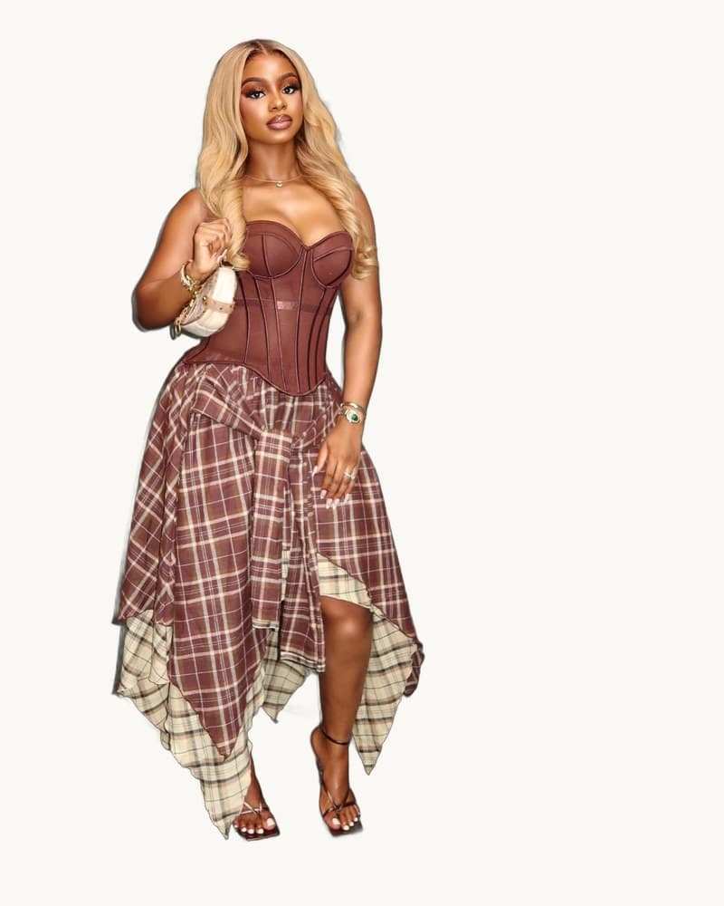 Brown Corset Top & Plaid Asymmetrical Skirt 2-piece Set 1
