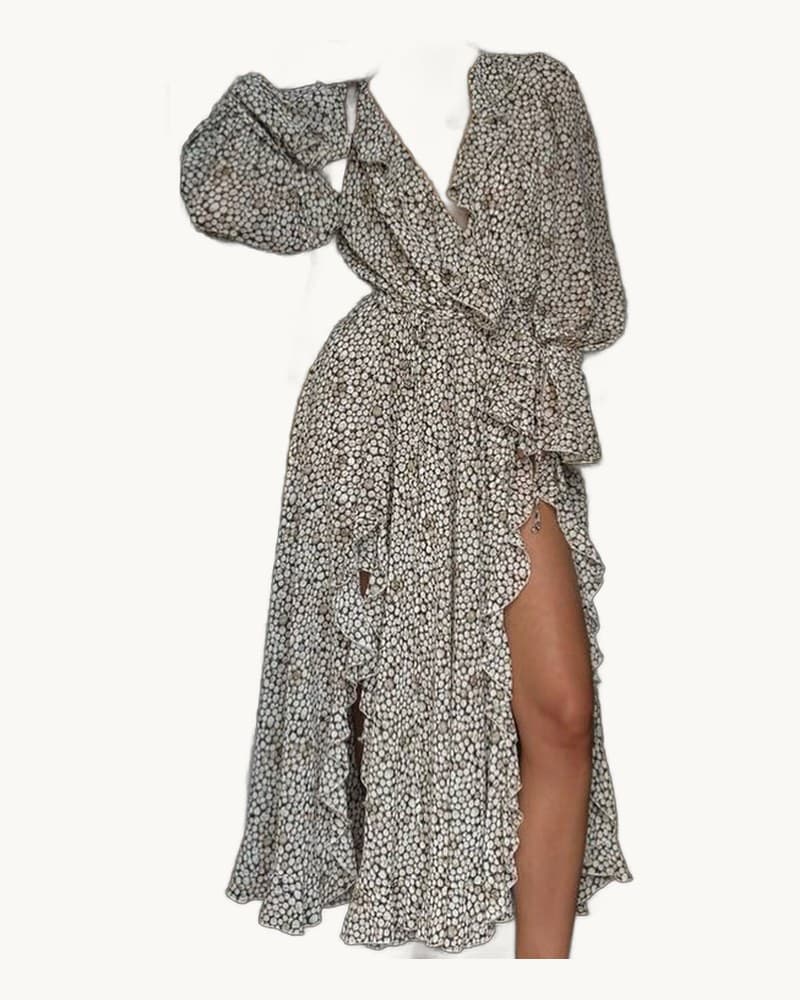 Elegant Printed Long-sleeved Ruffle Dress 1