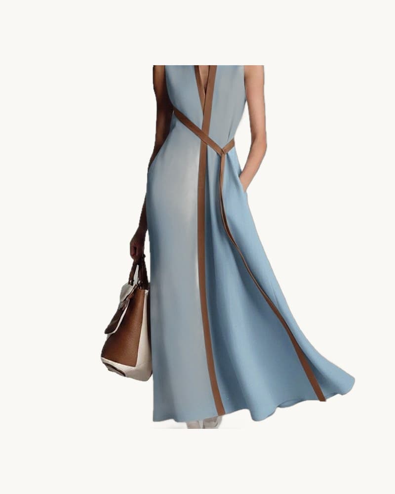 Color Block Sleeveless Stand Collar Linen Blend Dress 1