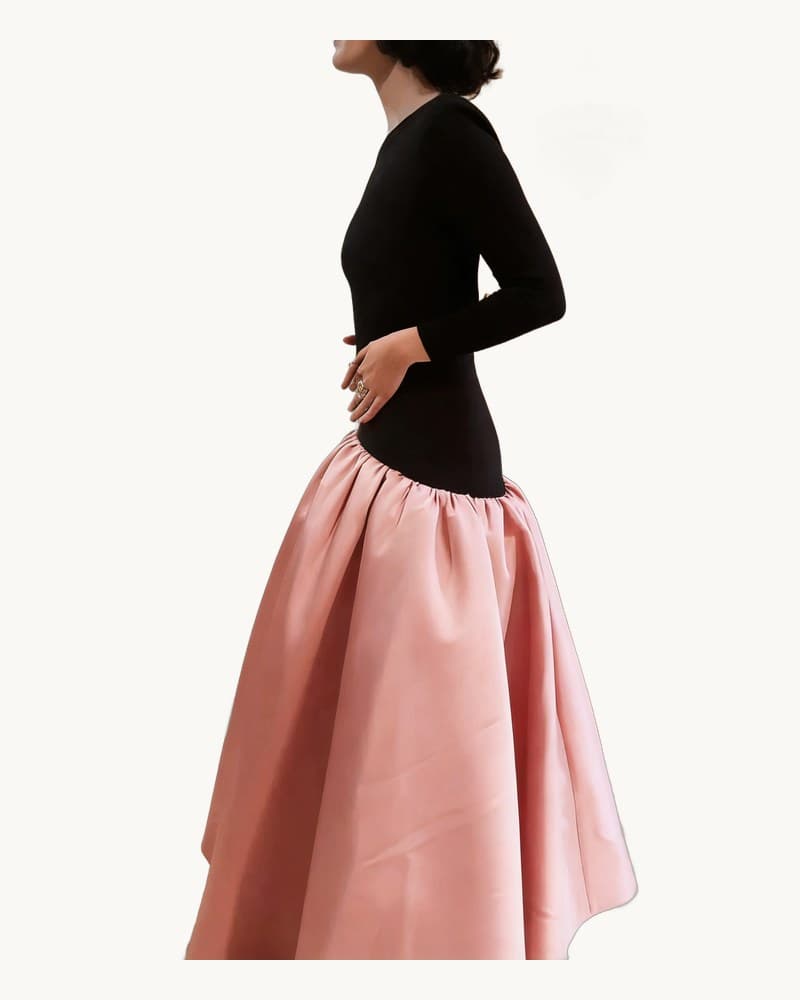 Black Knit Backless Satin Ball Gown Maxi Dress 1