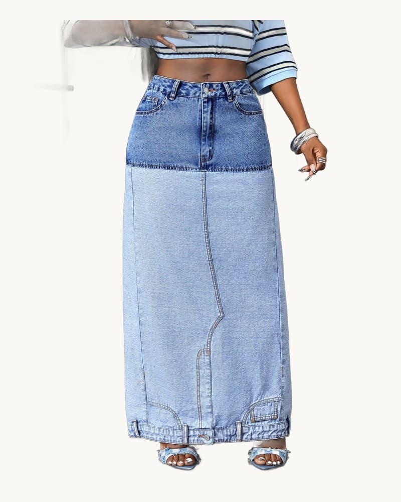 Asymmetric Two-tone Denim Maxi Skirt 1