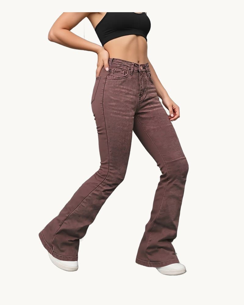 Brown High Rise Flare Jeans, Washed Stretchy Bell Bottom 1