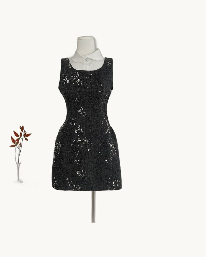 French Doll Collar White Blouse & Black Sequin Vest Dress 1