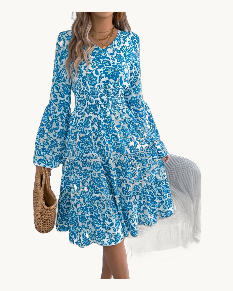 Vintage Bell Sleeve Ruffle Trim Tie Waist A-line Dress 1