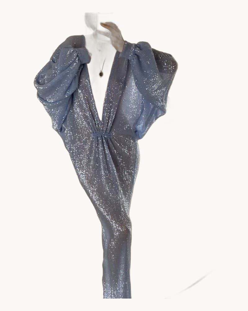 Ice Blue Sequin Deep V Lantern Sleeve Maxi Dress 1