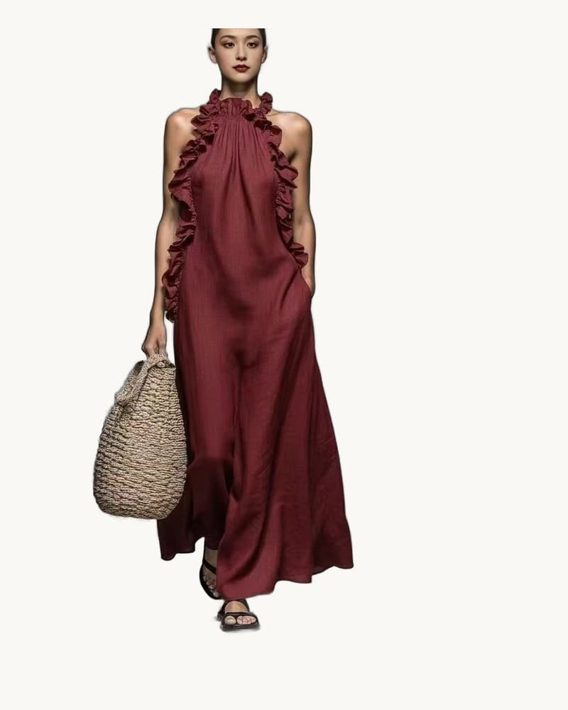 Summer Halter Neck Ruffled Sleeveless Dress, Loose Fit 1