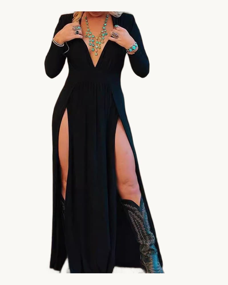 Long-sleeve V-neck Solid-color Hollow-out Dress 1