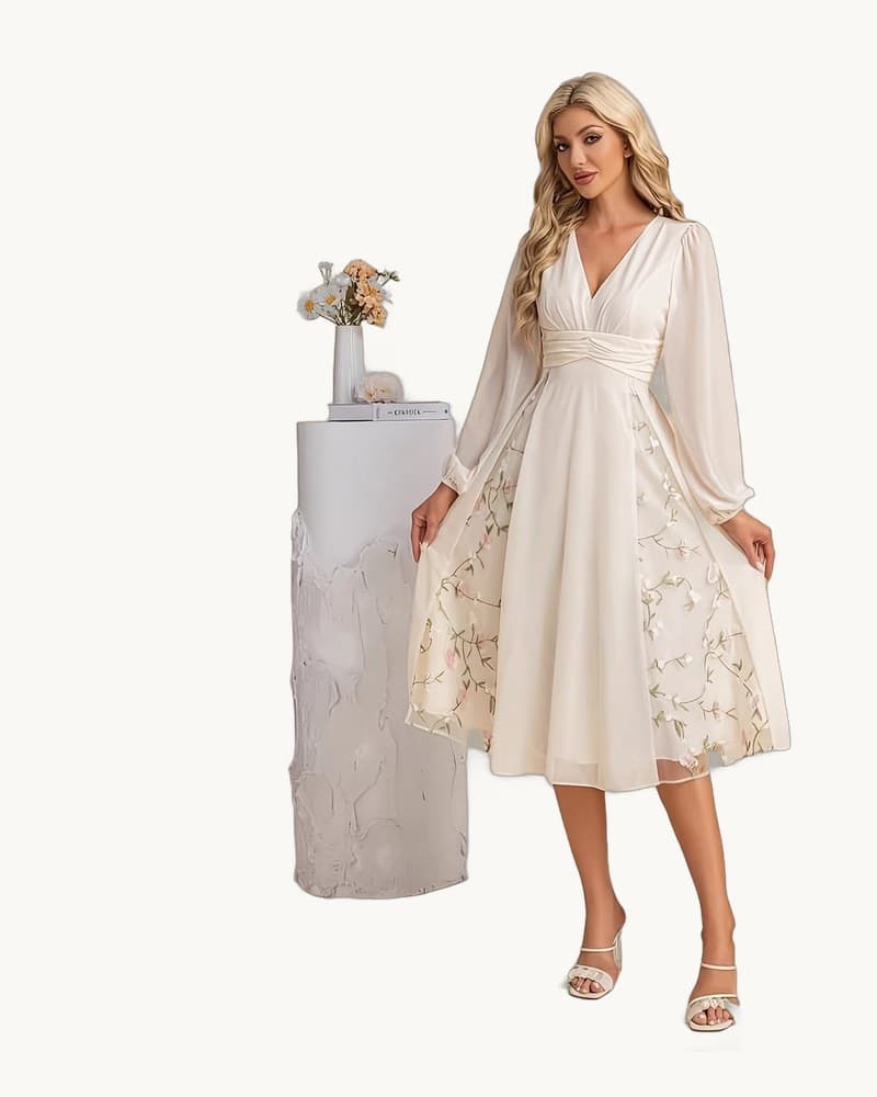 Floral Long-sleeve V-neck Pleated Dress for Women 1