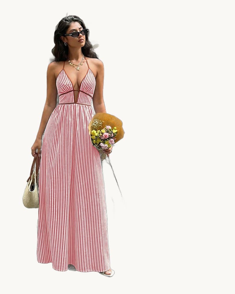 Deep V-neck Striped Resort Dress 1