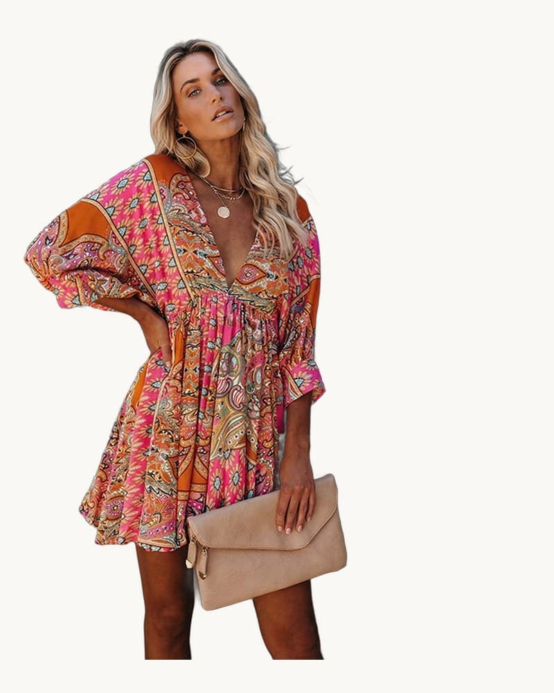 Sexy V-neck Waist-defining Loose Fit Printed Dress 1
