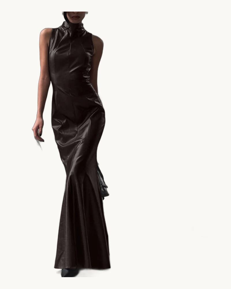 Stylish High-waisted Maxi Dress with Stand-up Collar 1