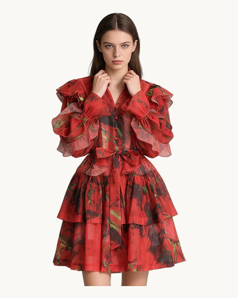 V-neck Ruffled Tie-waist Dress 1