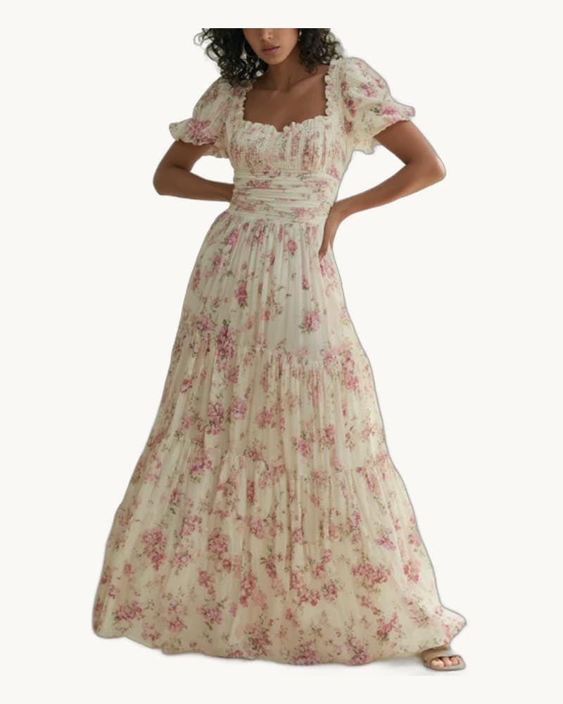 Floral Smocked Bodice Puff Sleeve Maxi Dress 1
