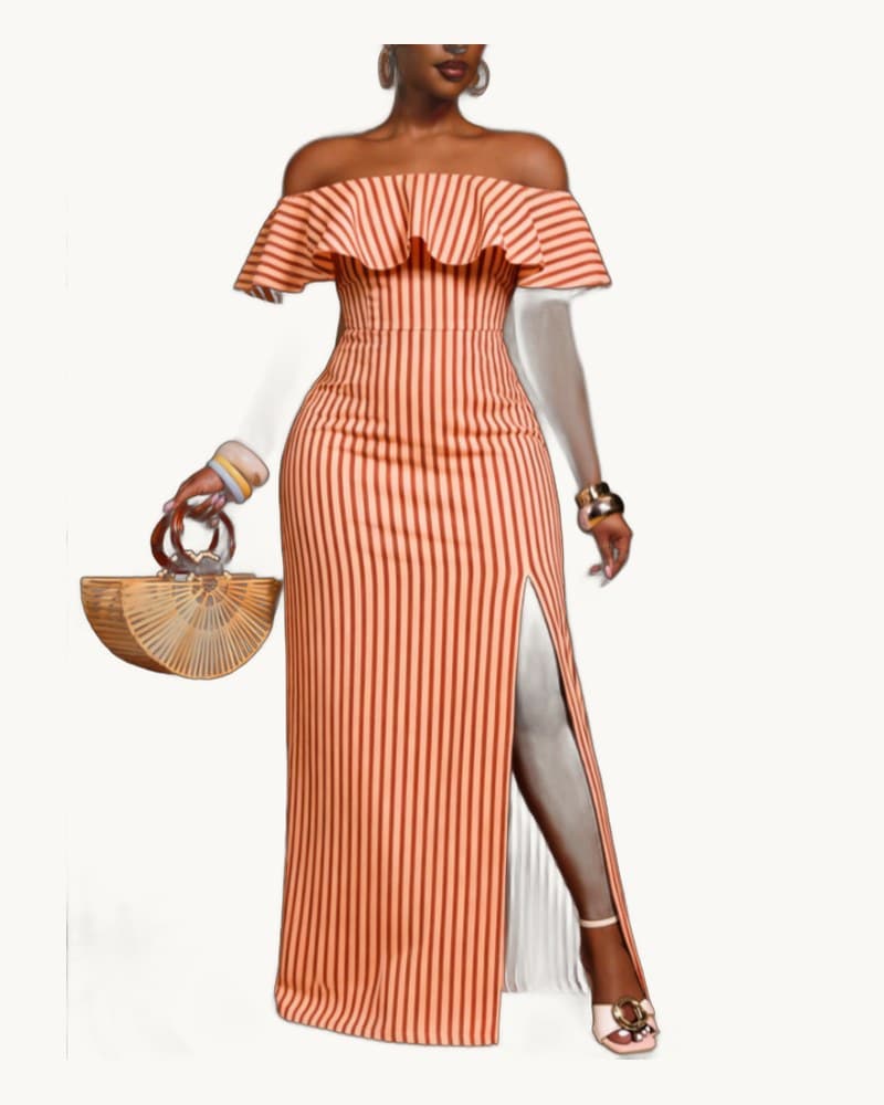 Off Shoulder Ruffle Striped Maxi Dress 1