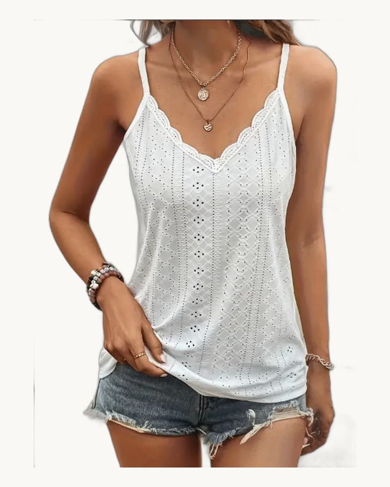 V Neck Eyelet Cami Top, Elegant Scallop Trim Sleeveless Top 1