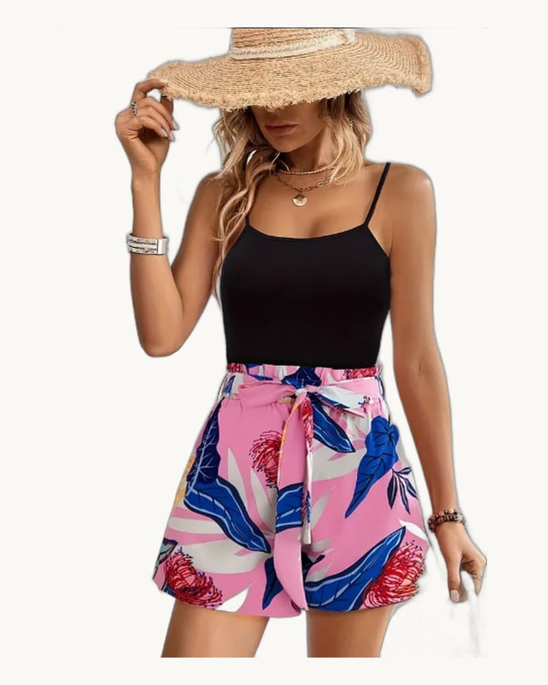 Boho Two-piece Cami Top Set, Cami Top & Leaves Print Casual 1