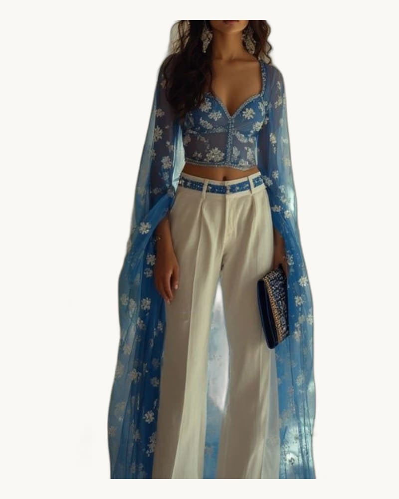 Sheer Embroidered Cape-overlay Top with Floral Bustier-blue 1