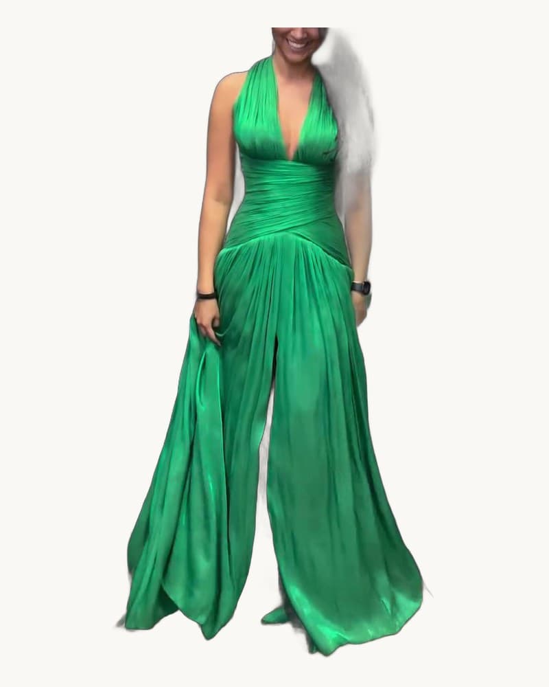 Emerald Green Plunging Neckline Gown with Pleated Skirt and 1