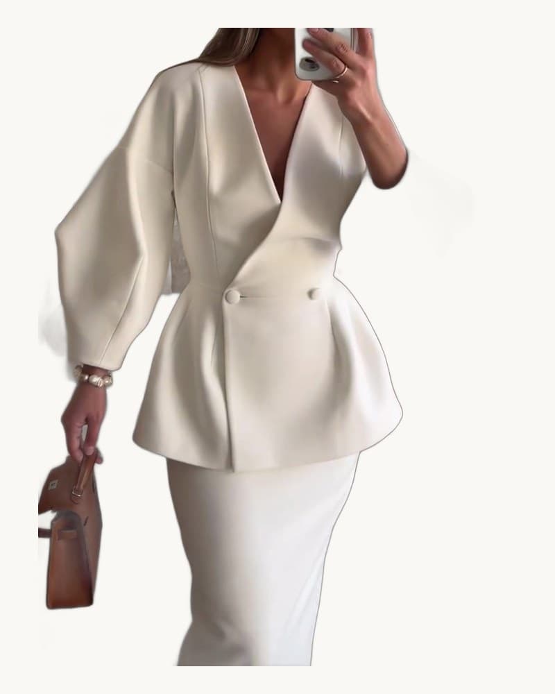 Ruffled V-neck Coat & Long Skirt Suit 1