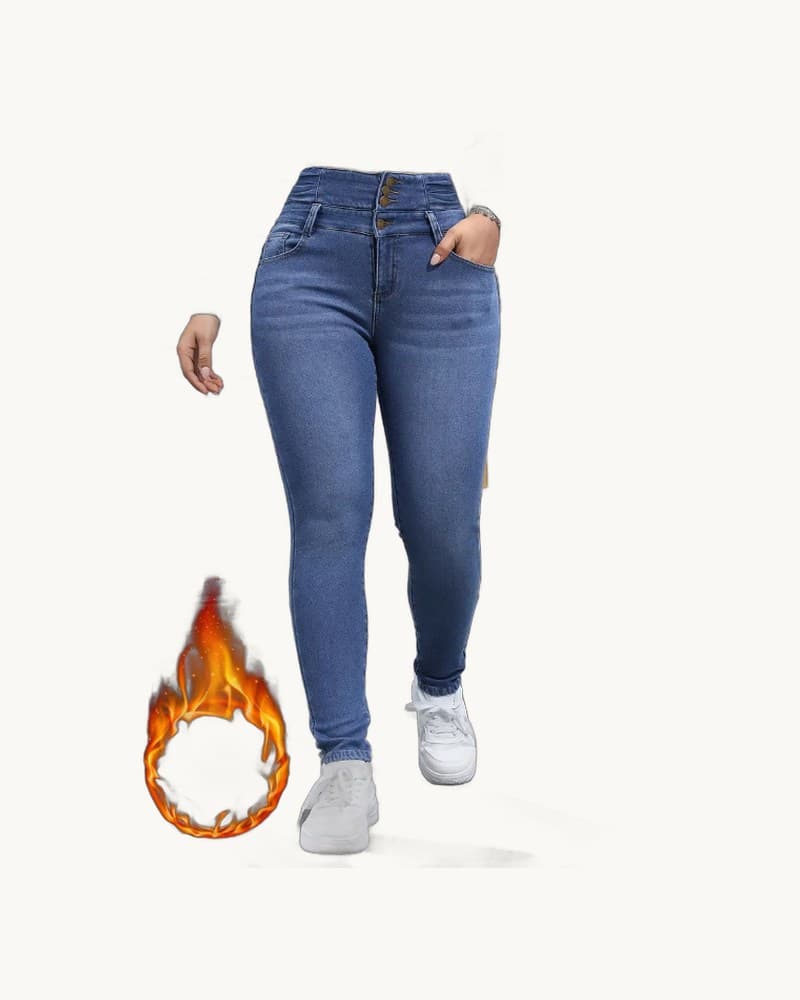 Multi-button Fleece Addition Denim Trousers 1