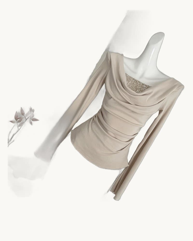 Champagne Gold Sequin Two-piece Evening Gown Set Ruched Top 1