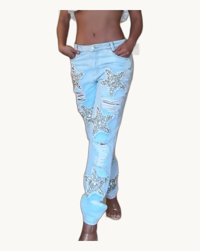 Five-pointed Star Hot Diamond Ripped Jeans 1