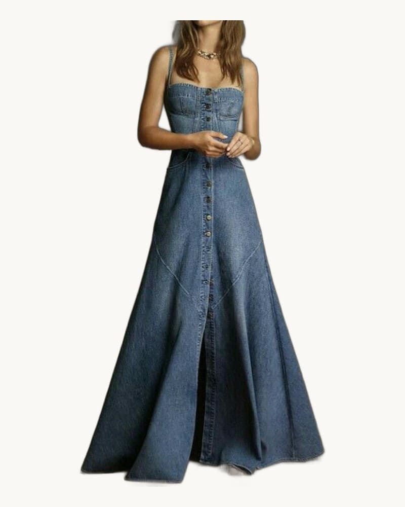 Denim Single-breasted Suspender Dress 1