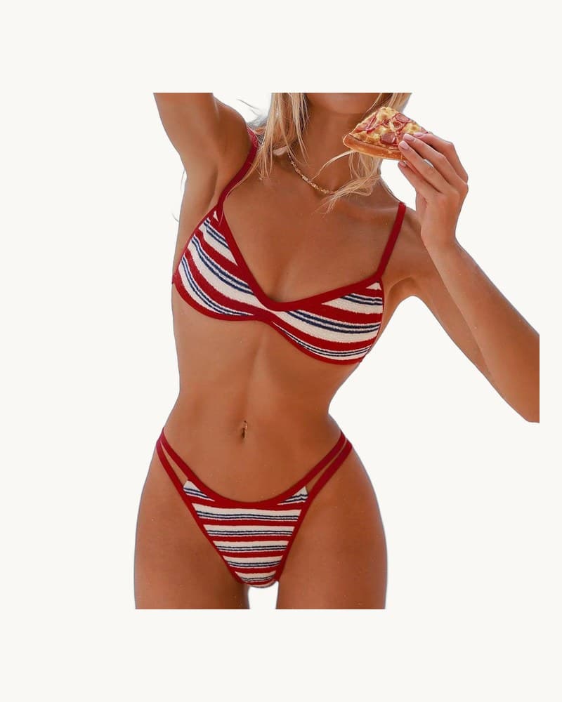 European Sexy Babe Striped Lace-up Bikini BIKINI Beach 1