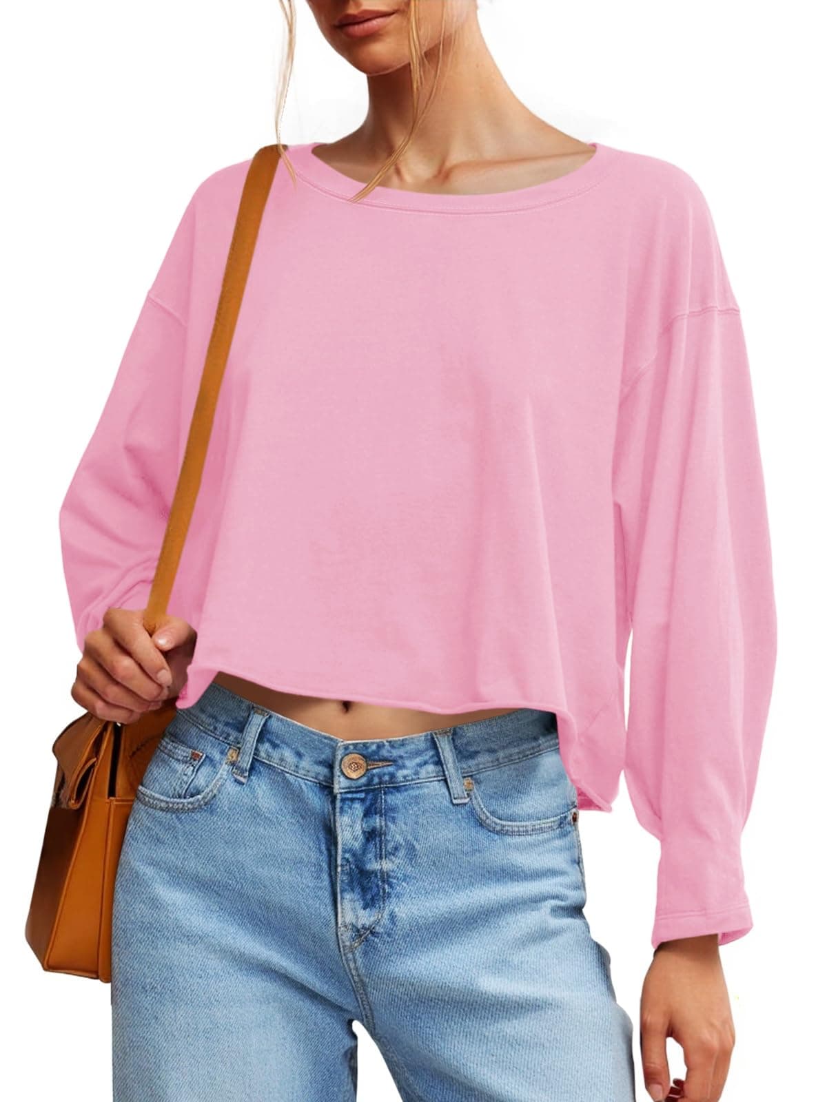 Fisoew Женски Долги Ракави Crop Tops Широк Крој Облеtка Деколте color variant