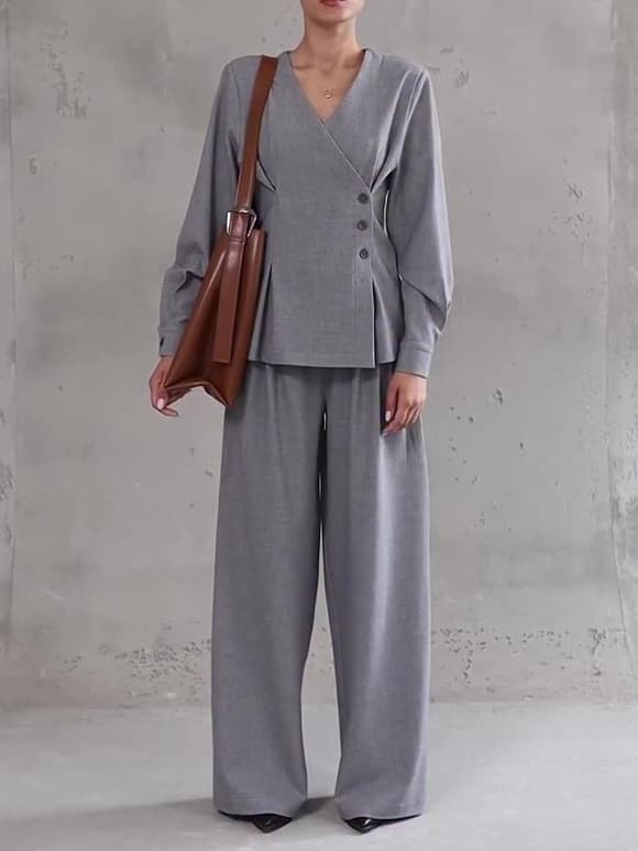 Light Gray V-neck Asymmetrical Button Top & Wide-leg Pants 1